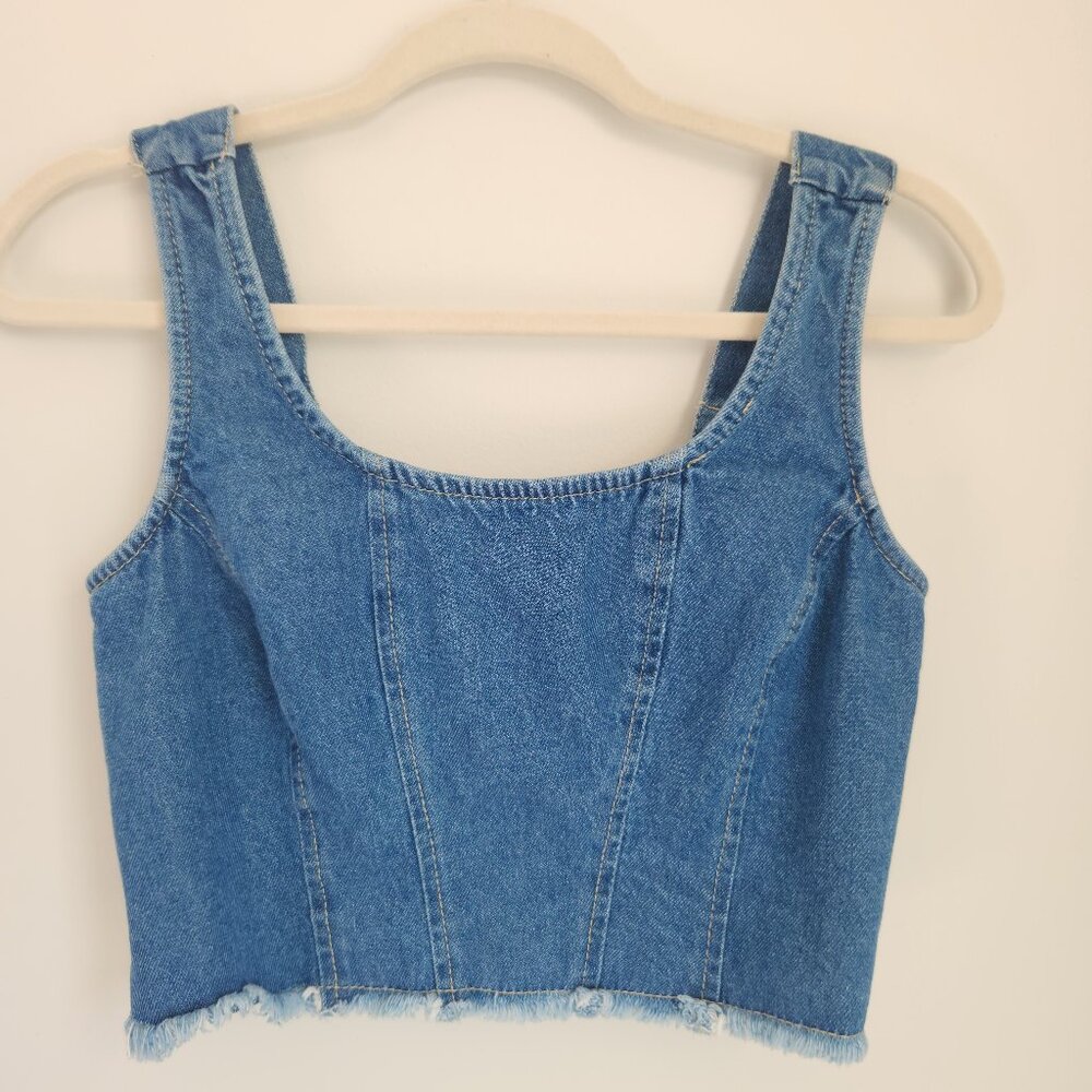 Lone Star Size M Denim Raw Front Hem Sleeveless Pullover Crop Top Ruched Back